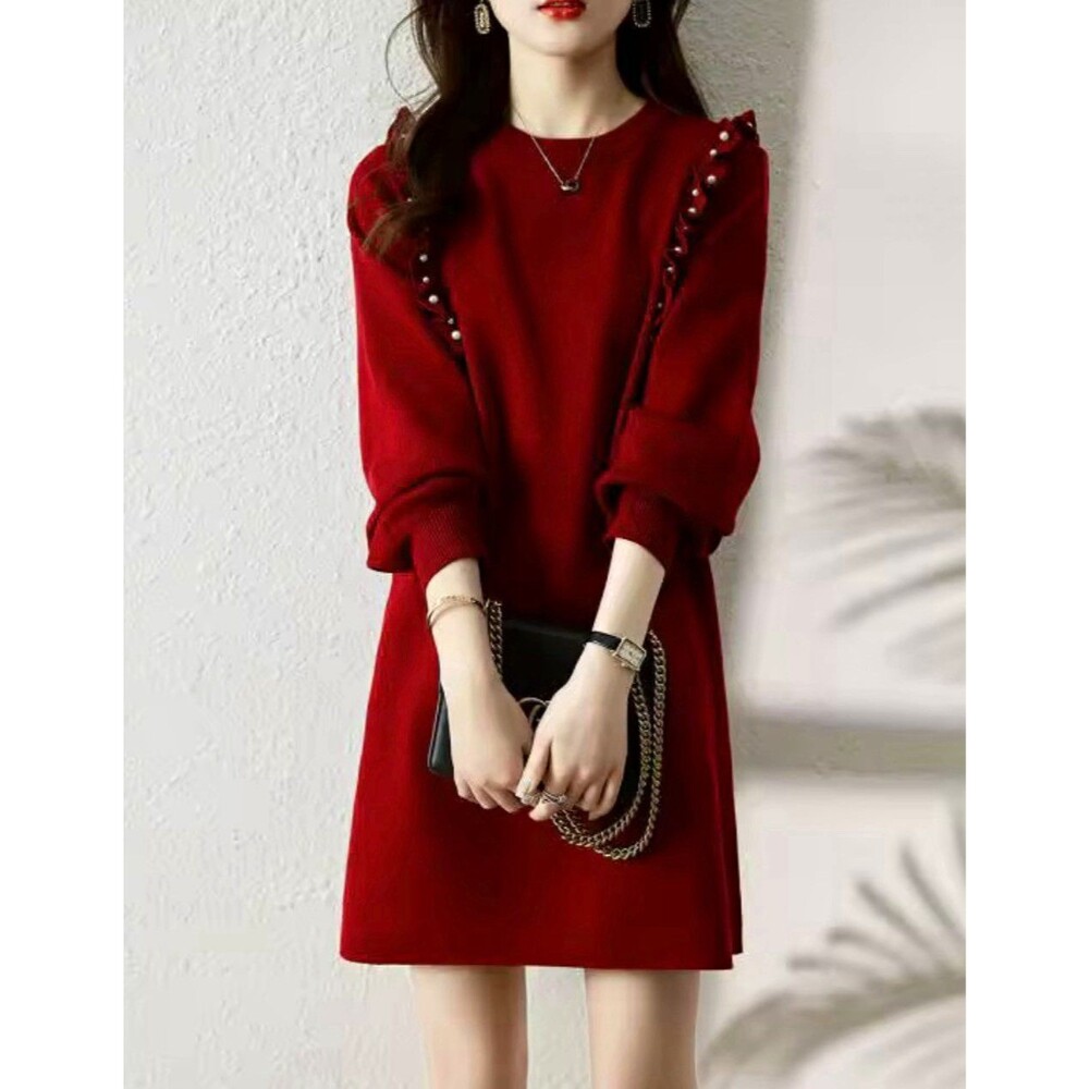 Women’s Burgundy Solid Knit Sweater Dress Round Neck Balloon Sleeve Short L